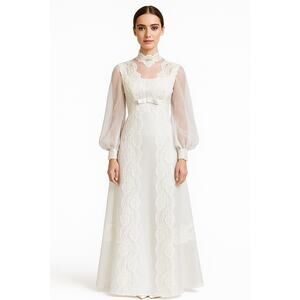 Vintage 1970s Sheer Lace High Neck Bridal Wedding Gown with Bow Detail 
 XS